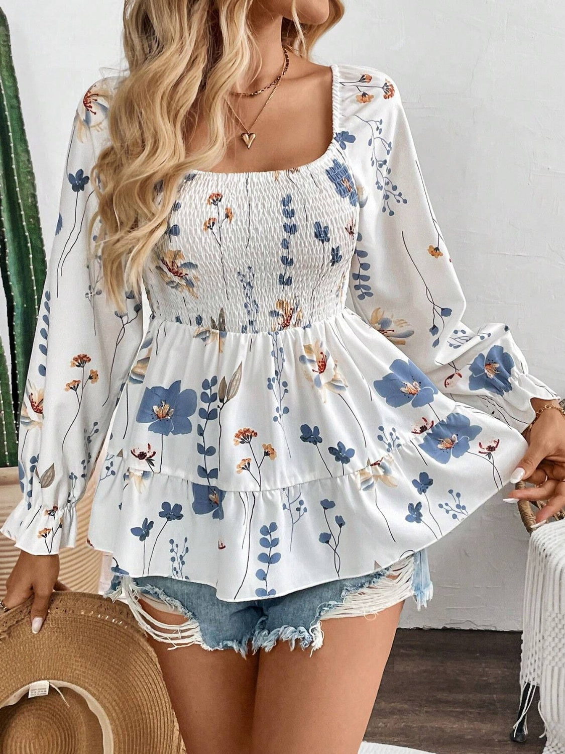 Smocked Floral Scoop Neck Flounce Sleeve Blouse-TOPS / DRESSES-[Adult]-[Female]-White-S-2022 Online Blue Zone Planet