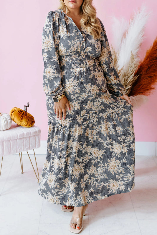 Sky Blue Plus Size Floral Print Split Neck Shirred High Waist Long Sleeve Maxi Dress-TOPS / DRESSES-[Adult]-[Female]-Sky Blue-1X-2022 Online Blue Zone Planet