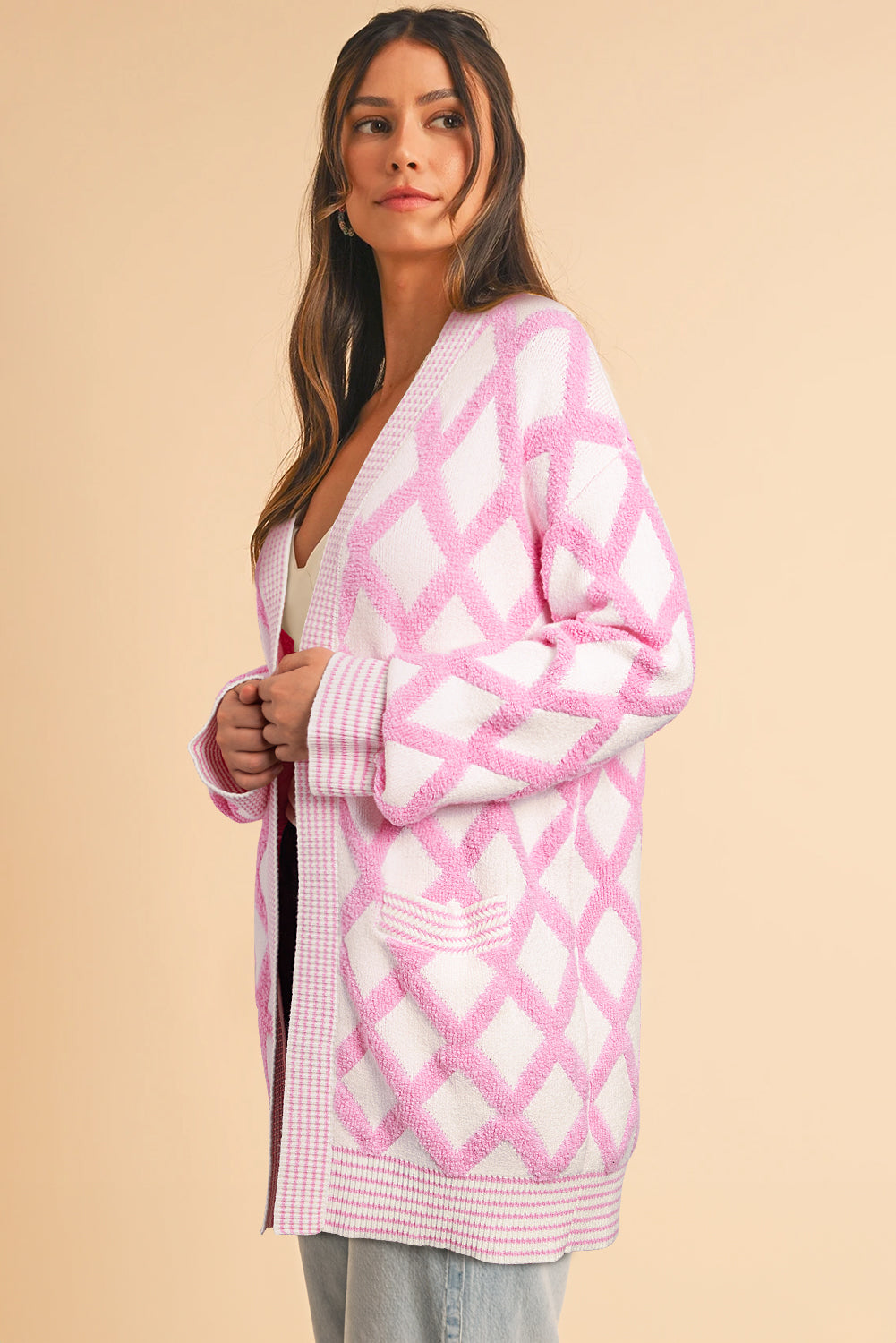 Blue Zone Planet | Pink Rhombus Pattern Knit Open Front Pocketed Cardigans-Sweaters & Cardigans/Cardigans-[Adult]-[Female]-2022 Online Blue Zone Planet