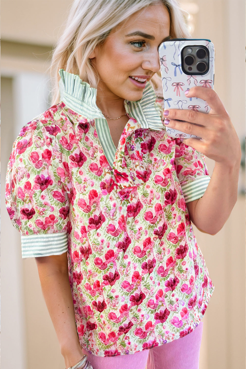 Red Floral Print Striped Patchwork Collared Short Sleeve Blouse-Tops/Blouses & Shirts-[Adult]-[Female]-2022 Online Blue Zone Planet
