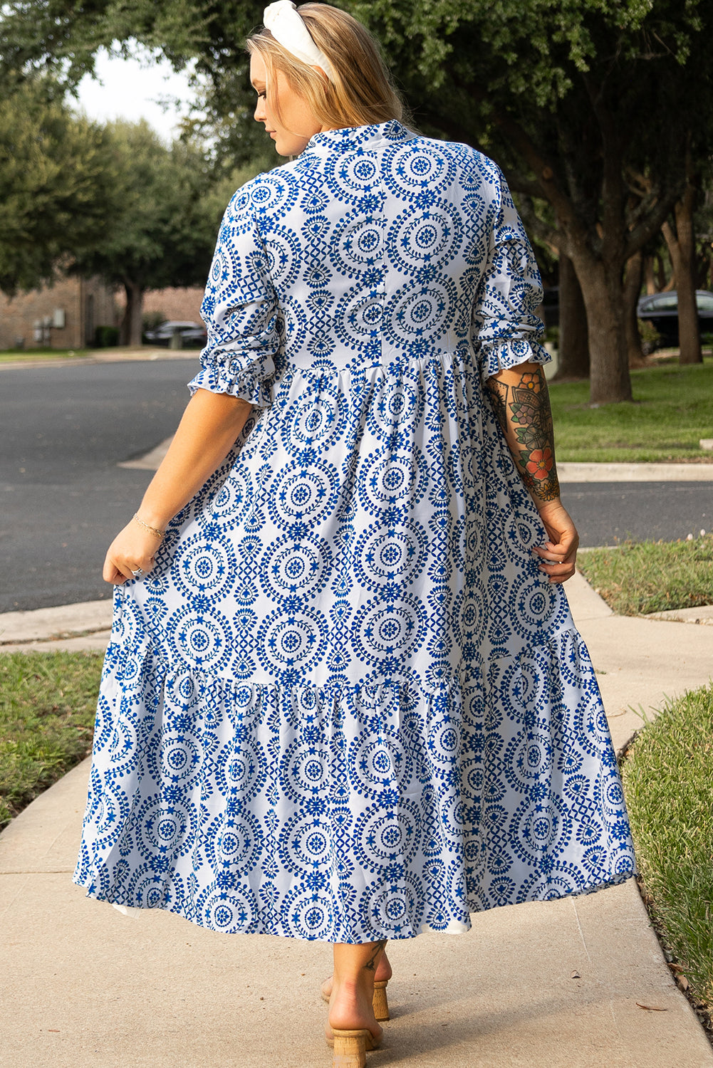 Blue Zone Planet | Sky Blue Geometric Print Lace-up Notch Neck Plus Size Maxi Dress-TOPS / DRESSES-[Adult]-[Female]-2022 Online Blue Zone Planet