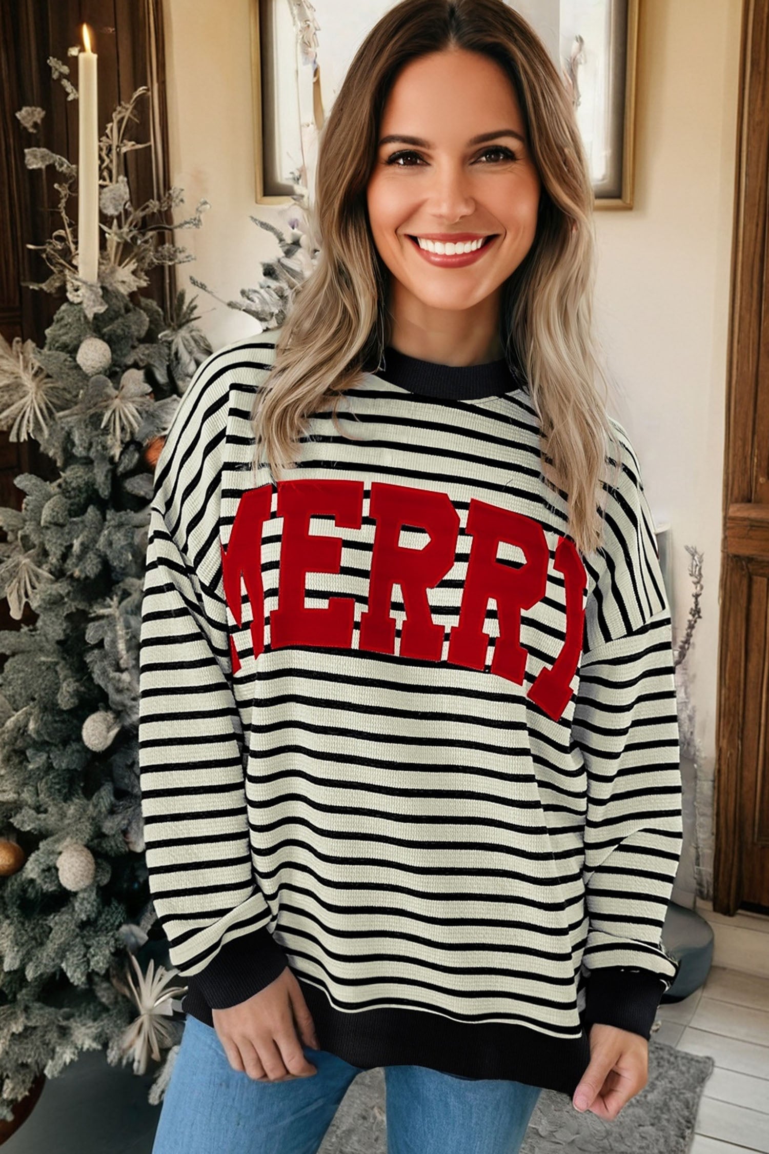 White Stripe Contrast MERRY Letter Christmas Print Drop Shoulder Sweatshirt-Tops/Sweatshirts & Hoodies-[Adult]-[Female]-2022 Online Blue Zone Planet