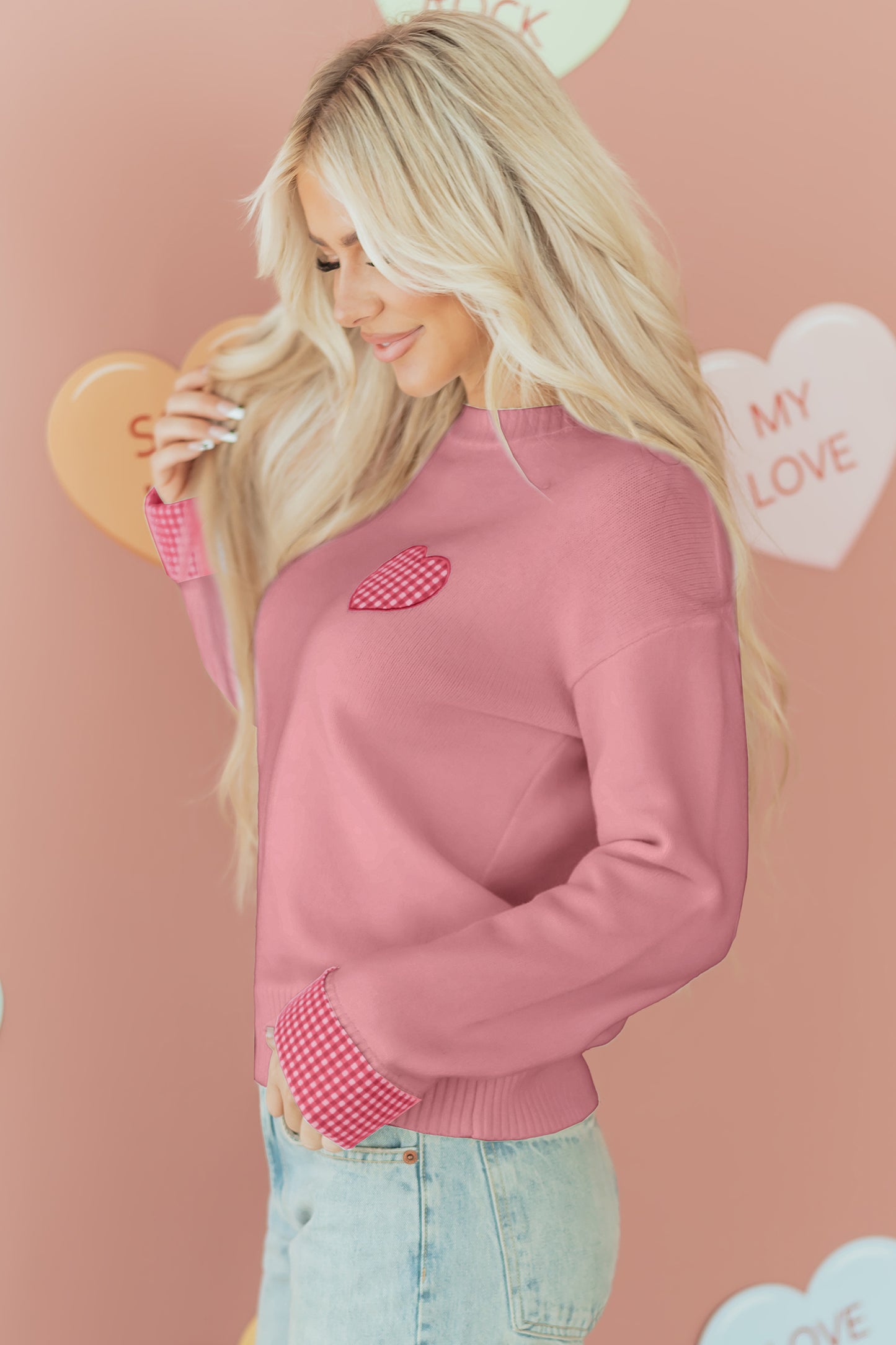 Light Pink Plaid Heart Embroidered Cuffed Drop Shoulder Crew Neck Sweater-Sweaters & Cardigans/Sweaters-[Adult]-[Female]-2022 Online Blue Zone Planet