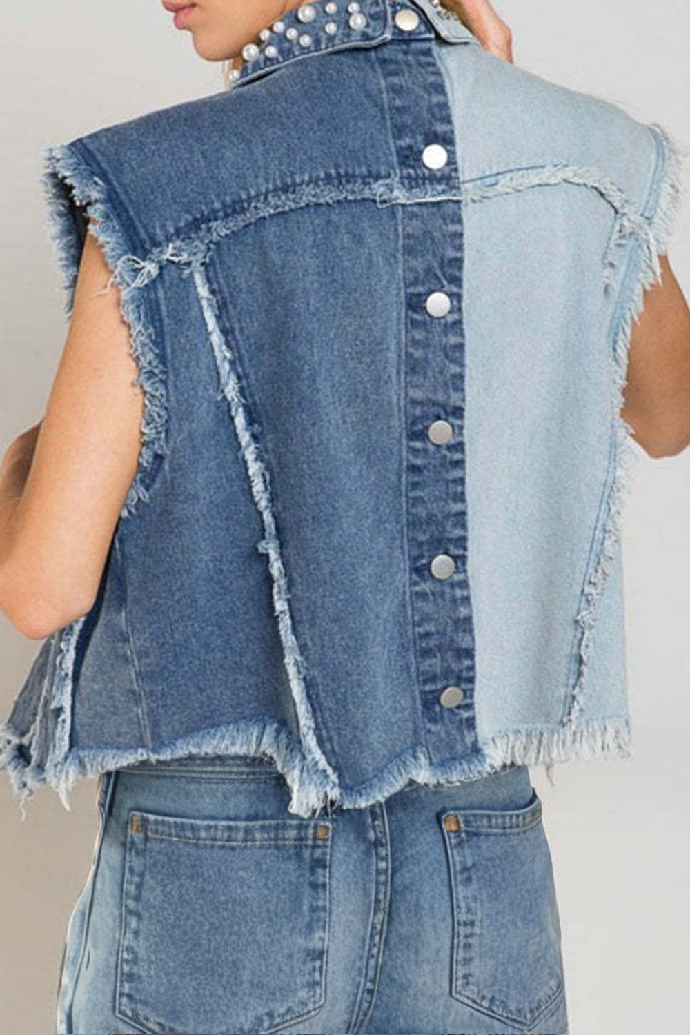 Pearl Raw Hem Sleeveless Denim Jacket-TOPS / DRESSES-[Adult]-[Female]-2022 Online Blue Zone Planet