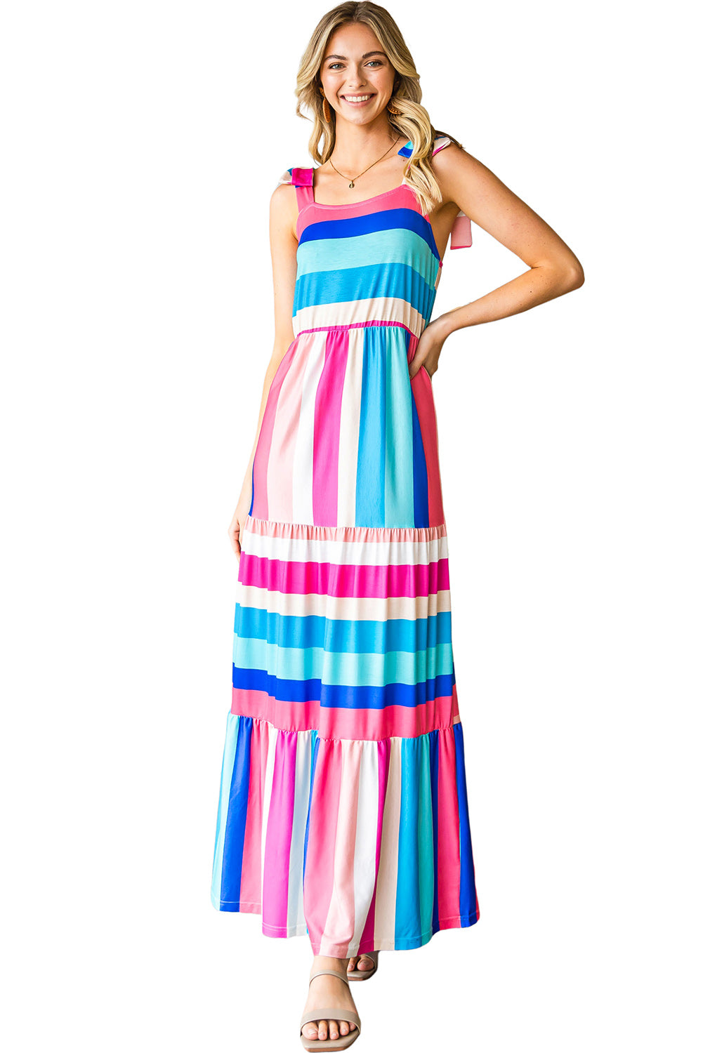 Multicolor Striped Print Bow Knot Straps Sleeveless Maxi Dress-Maxi Dresses-[Adult]-[Female]-2022 Online Blue Zone Planet