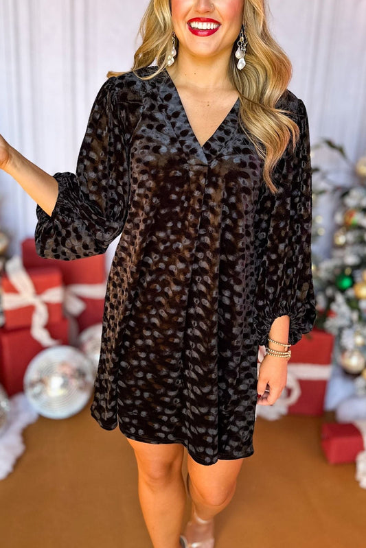 Black Textured V Neck Balloon Sleeve Velvet Mini Dress-Short Dresses-[Adult]-[Female]-Black-S-2022 Online Blue Zone Planet