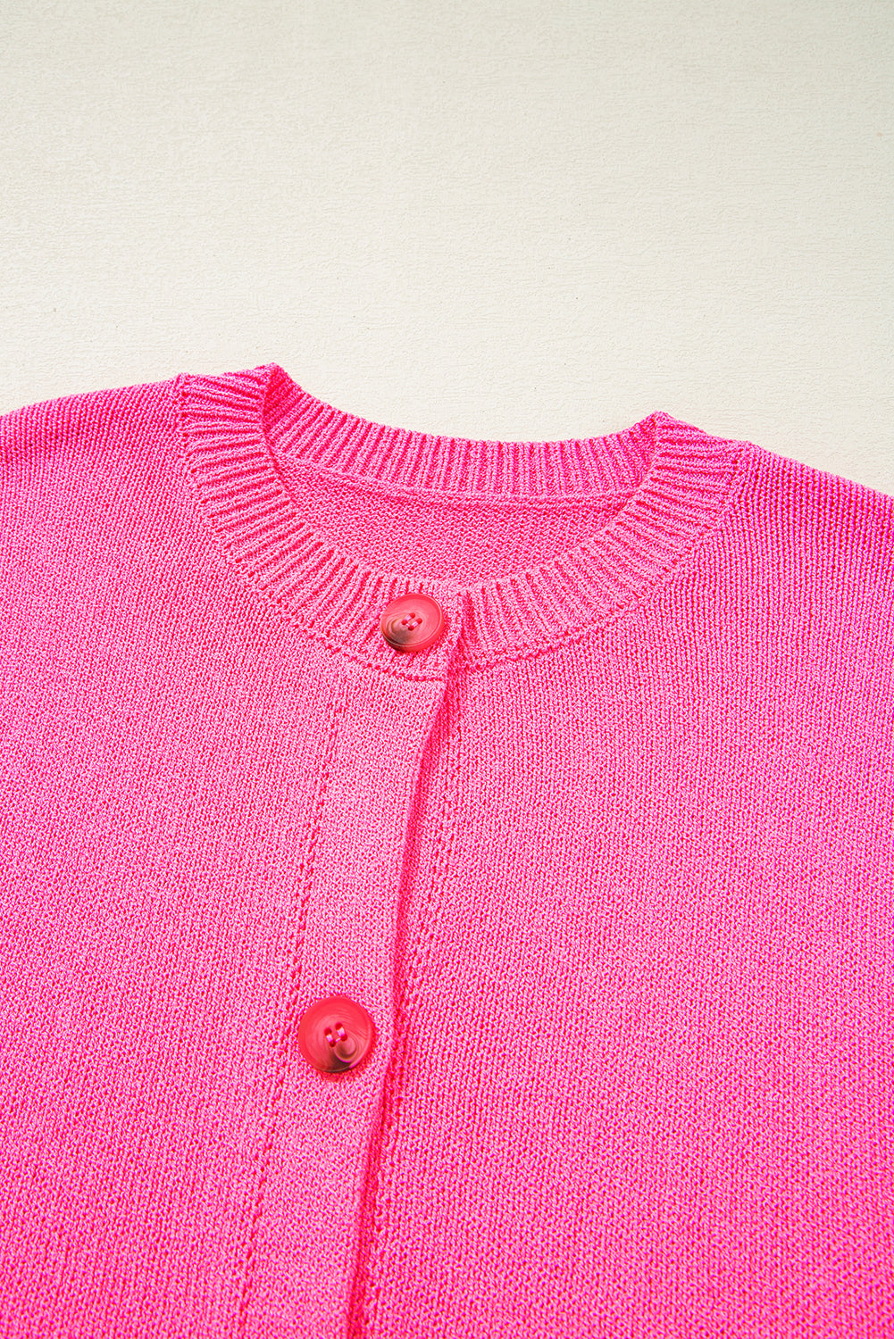 Bright Pink Distressed Hem Short Sleeve Knitted Button Front Sweater-TOPS / DRESSES-[Adult]-[Female]-2022 Online Blue Zone Planet