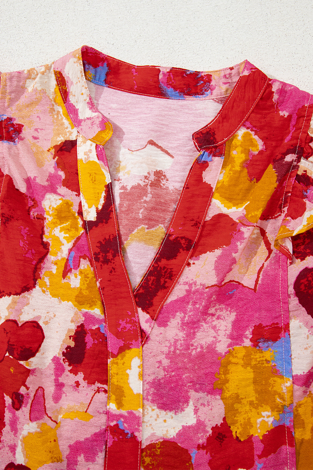 Red Abstract Print Split V Neck Ruffle Short Sleeve Blouse-Tops/Blouses & Shirts-[Adult]-[Female]-2022 Online Blue Zone Planet