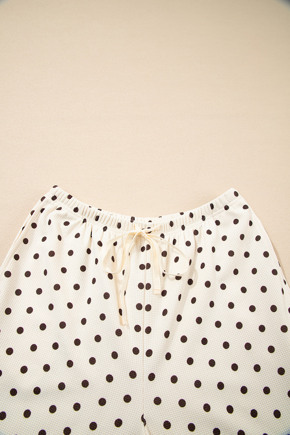 White Polka Dot Print Notched Neck Long Sleeve Top Drawstring Jogger Pants Waffle Knit Lounge Set-Loungewear & Sleepwear/Loungewear-[Adult]-[Female]-2022 Online Blue Zone Planet