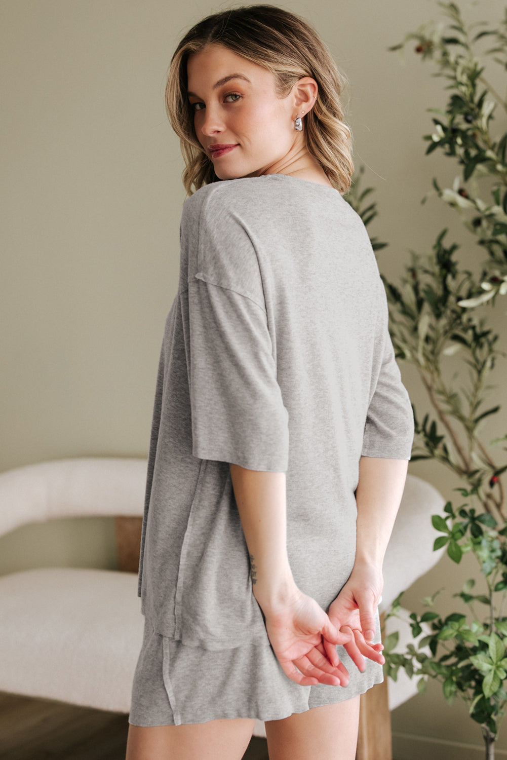 Gray Solid Color Loose Tee 2 Piece Shorts Set-Two Piece Sets/Short Sets-[Adult]-[Female]-2022 Online Blue Zone Planet