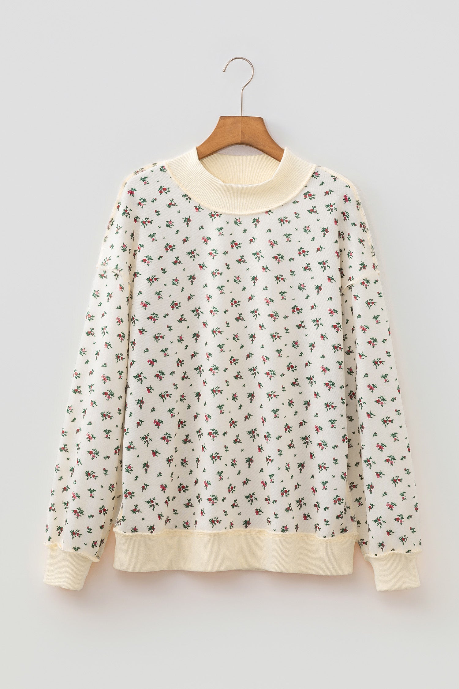 Beige Ribbed High Neck Patchwork Floral Print Baggy Pullover Sweatshirt-Tops/Sweatshirts & Hoodies-[Adult]-[Female]-2022 Online Blue Zone Planet