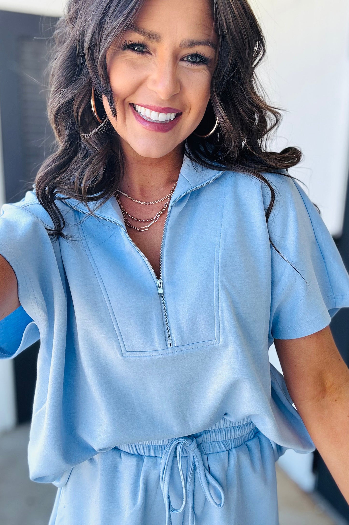 Beau Blue Solid Color Half Zip Loose Short Sleeve Sweatshirt 2pcs Set-Two Piece Sets/Short Sets-[Adult]-[Female]-2022 Online Blue Zone Planet