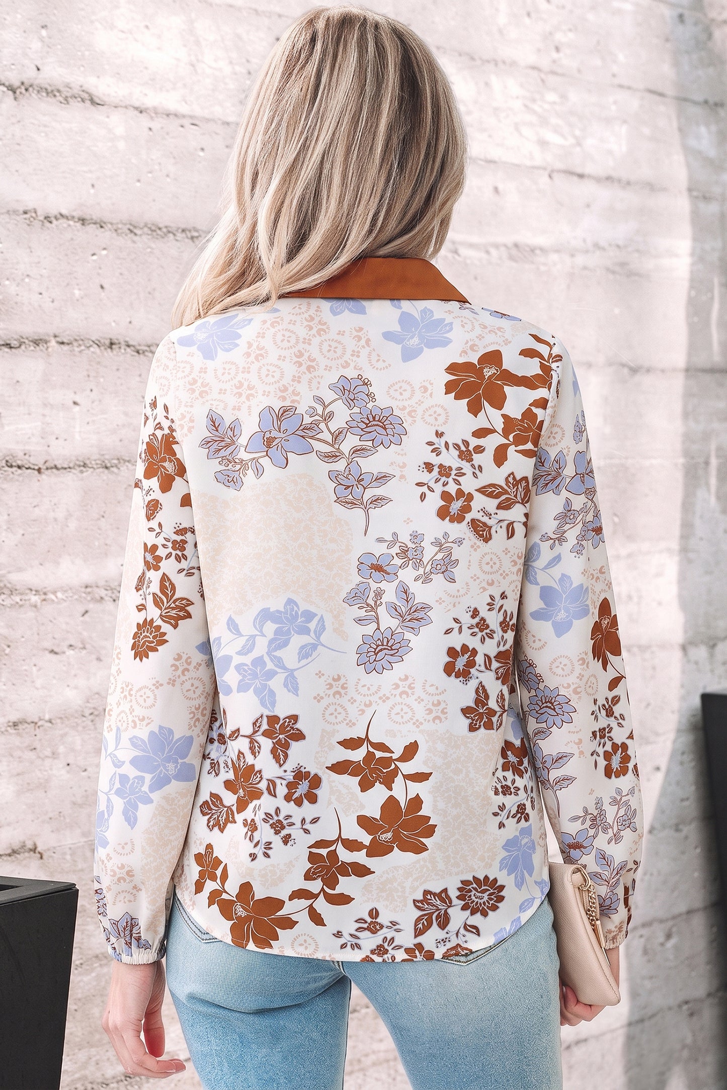 White Floral Print Colorblock V Neck Long Sleeve Blouse