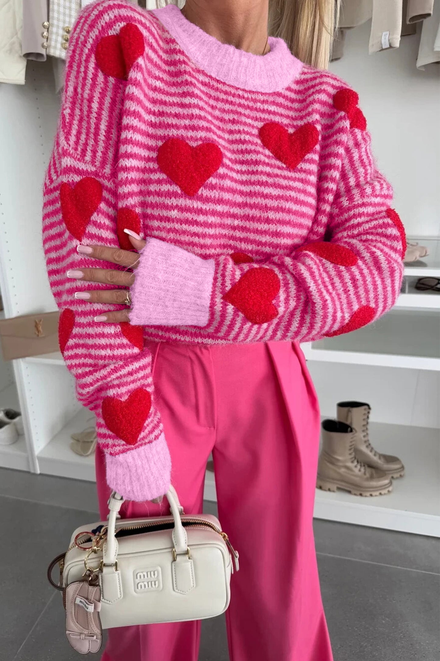 Gray Stripe Contrast Heart Pattern Brushed Knit Sweater-TOPS / DRESSES-[Adult]-[Female]-Rose Stripe-L-2022 Online Blue Zone Planet