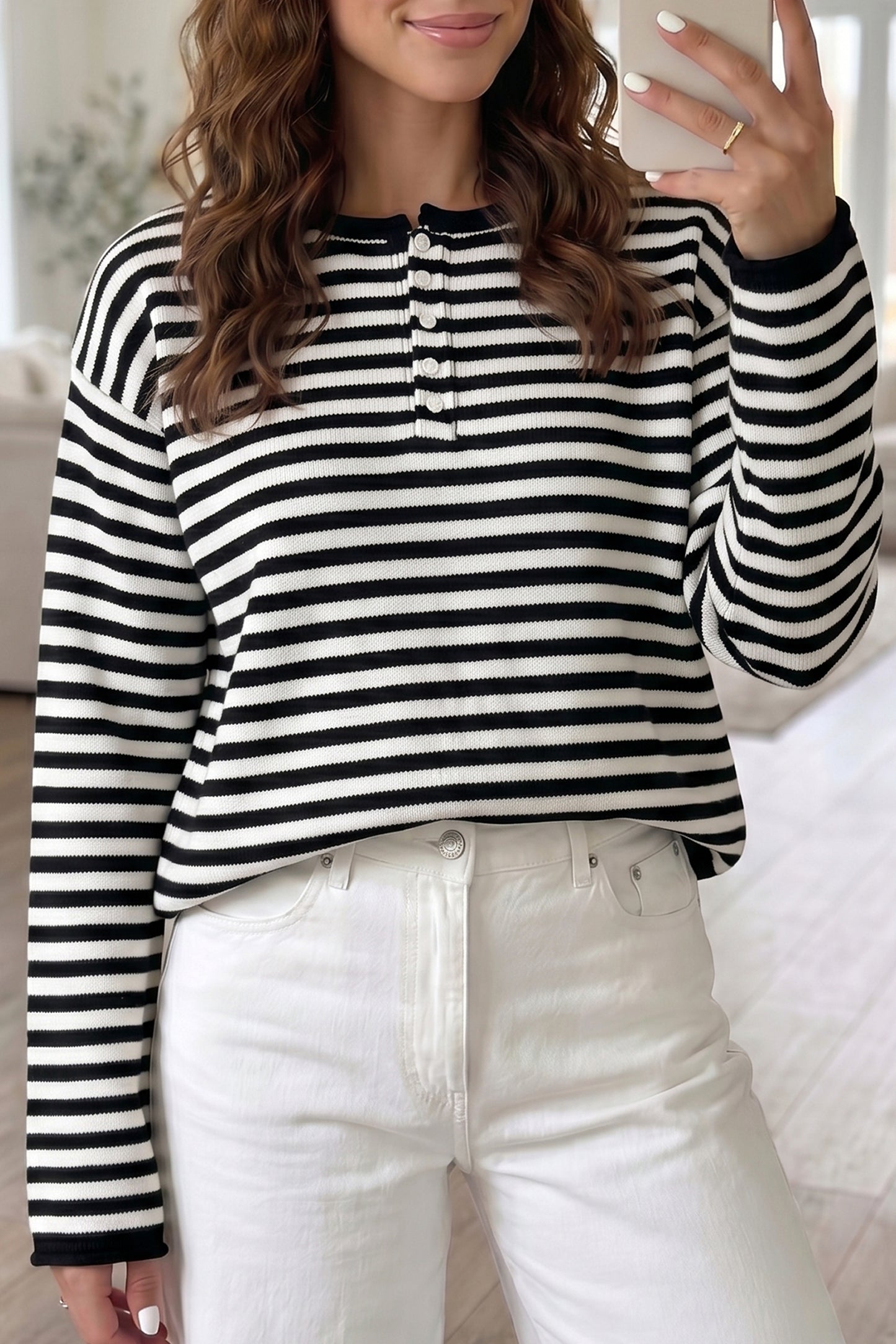 Green Stripe Striped Button Placket Drop Shoulder Long Sleeve Sweater