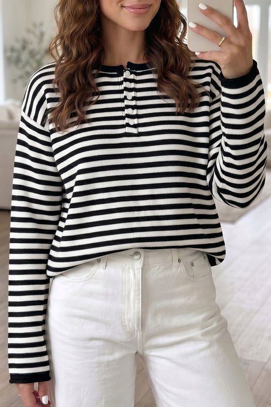 Green Stripe Striped Button Placket Drop Shoulder Long Sleeve Sweater-Sweaters & Cardigans/Sweaters-[Adult]-[Female]-Green Stripe-S-2022 Online Blue Zone Planet