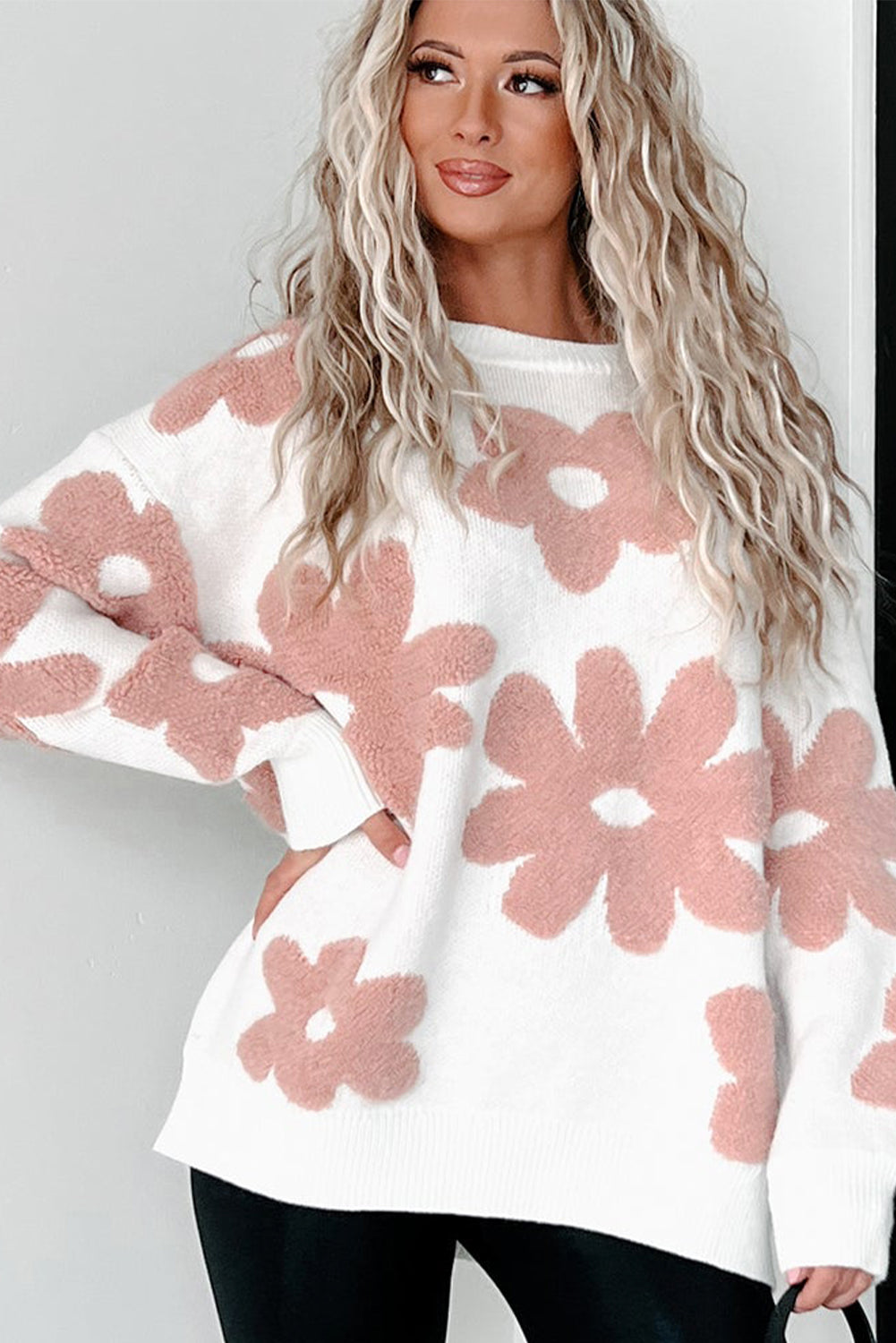 White Textured Flower Drop Shoulder Loose Sweater-Sweaters & Cardigans/Sweaters-[Adult]-[Female]-2022 Online Blue Zone Planet