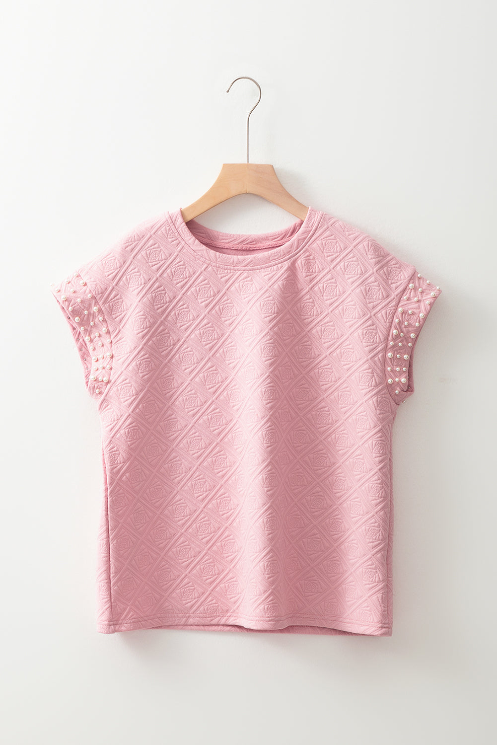 Light Pink Pearl Embellished Flower Textured T Shirt-Tops/Tops & Tees-[Adult]-[Female]-2022 Online Blue Zone Planet