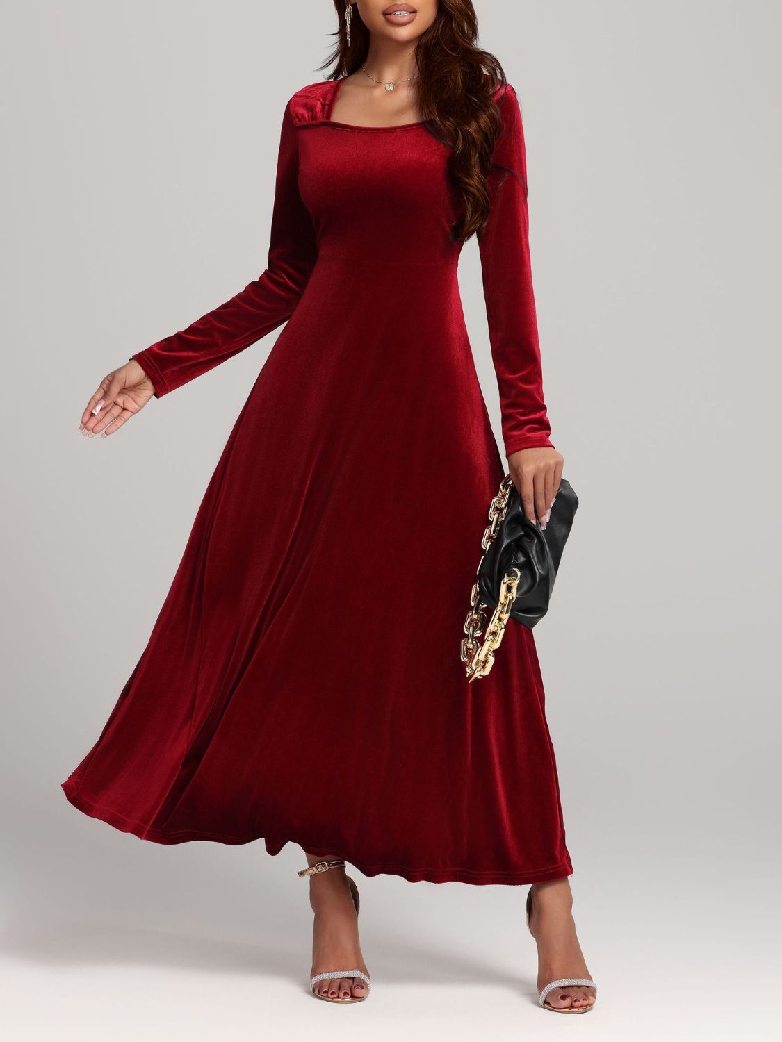 Blue Zone Planet | Square Neck Long Sleeve Velvet Dress-TOPS / DRESSES-[Adult]-[Female]-Deep Red-S-2022 Online Blue Zone Planet