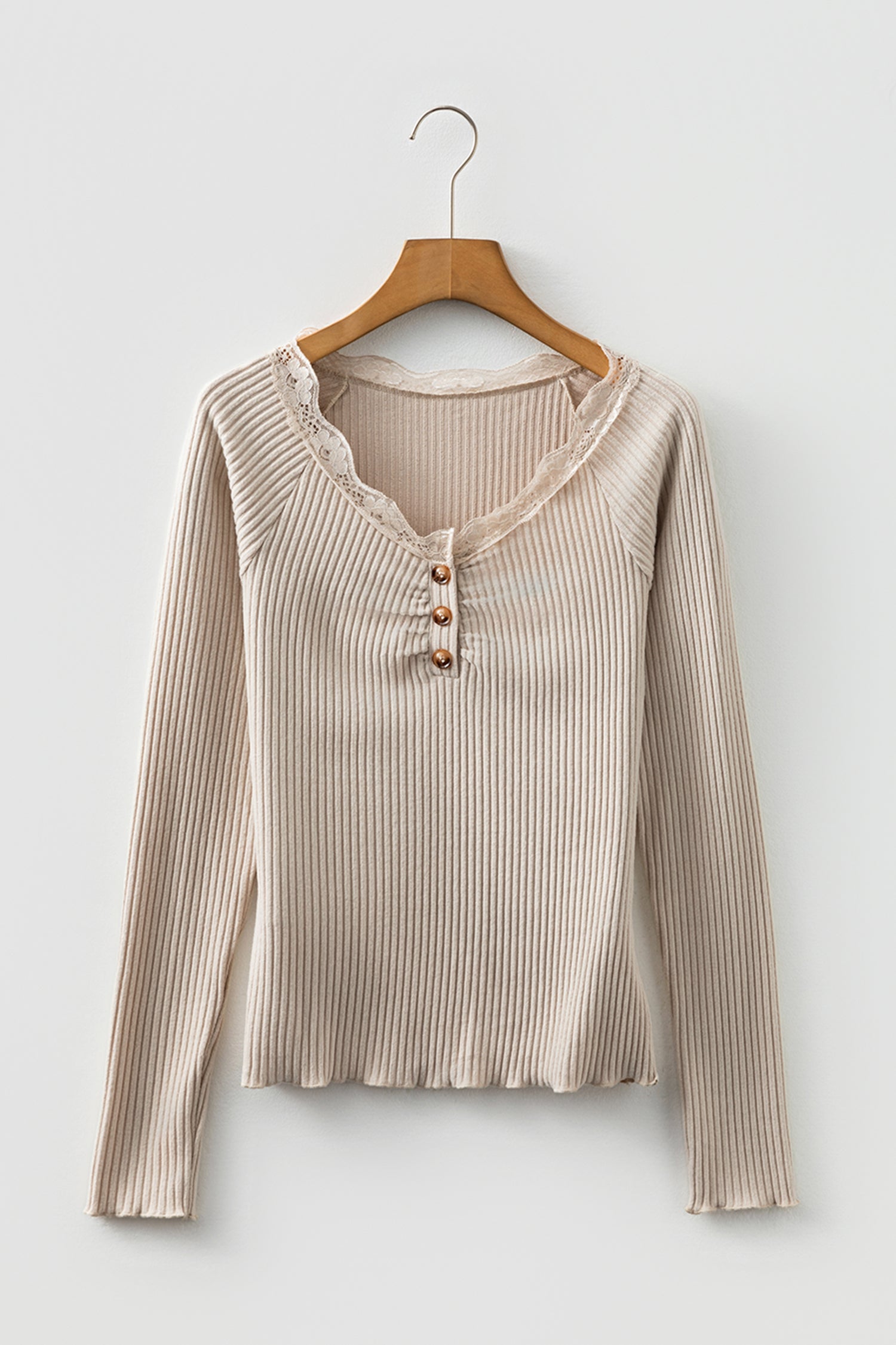 Beige Lace Neckline Button Decor Lettuce Edge Long Sleeve Ribbed Top-Tops/Long Sleeve Tops-[Adult]-[Female]-2022 Online Blue Zone Planet