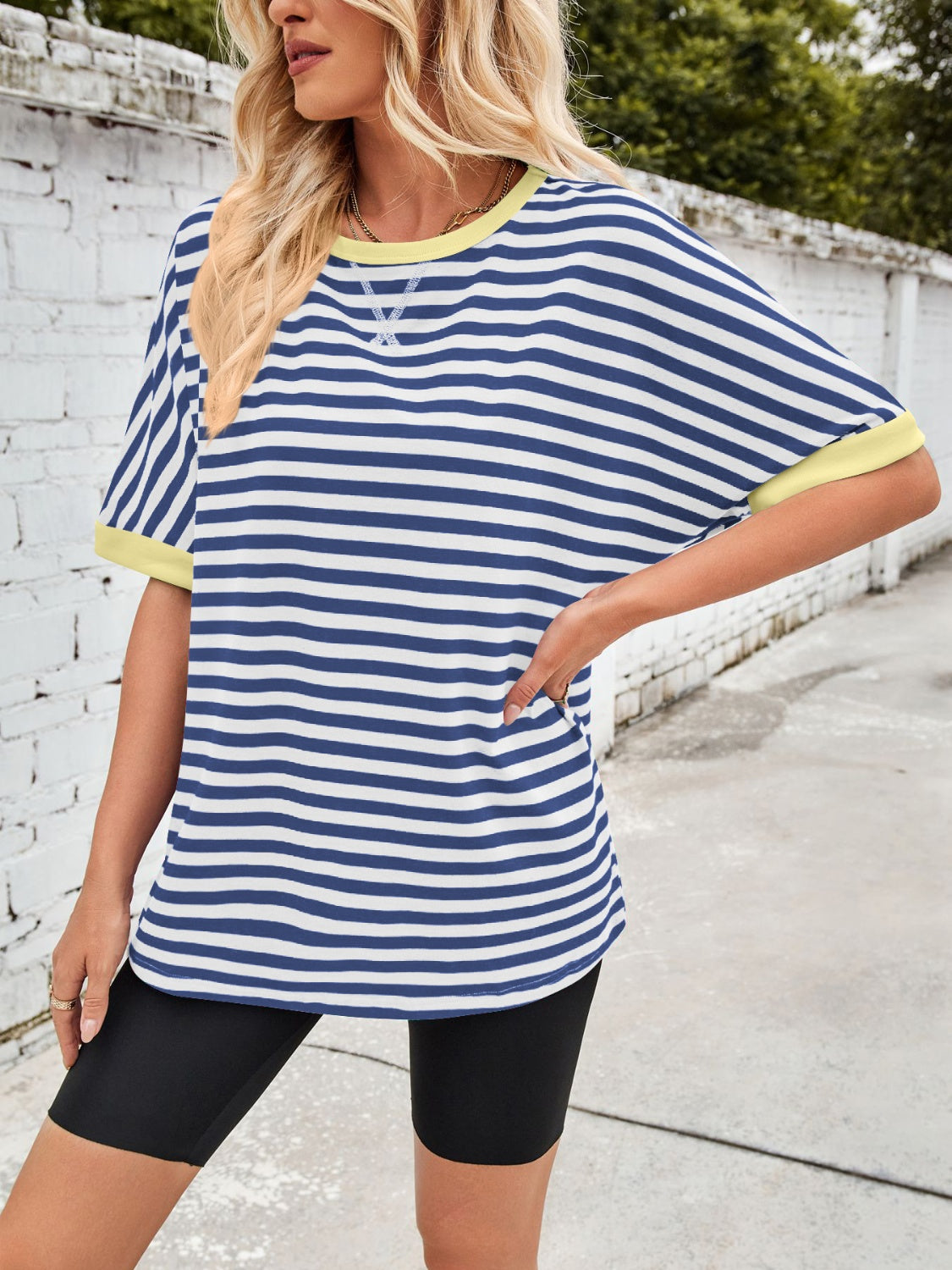 Lovelet Striped Round Neck Half Sleeve T-Shirt-TOPS / DRESSES-[Adult]-[Female]-2022 Online Blue Zone Planet