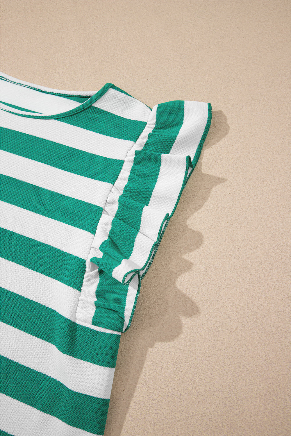 Green Stripe Flutter Sleeve Round Neck T Shirt-Tops/Tops & Tees-[Adult]-[Female]-2022 Online Blue Zone Planet
