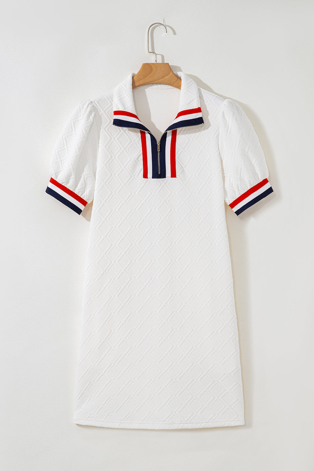 White Textured Jacquard Colorblock Edge Puff Sleeve Quarter Zip Mini Dress-TOPS / DRESSES-[Adult]-[Female]-2022 Online Blue Zone Planet