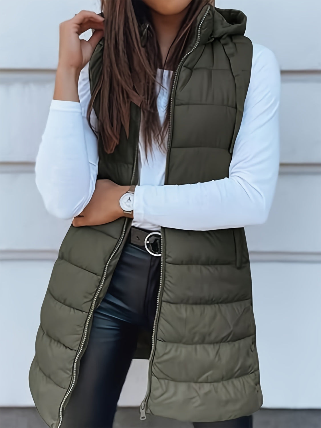 Plus Size Zip Up Hooded Vest Coat-TOPS / DRESSES-[Adult]-[Female]-Army Green-1XL-2022 Online Blue Zone Planet