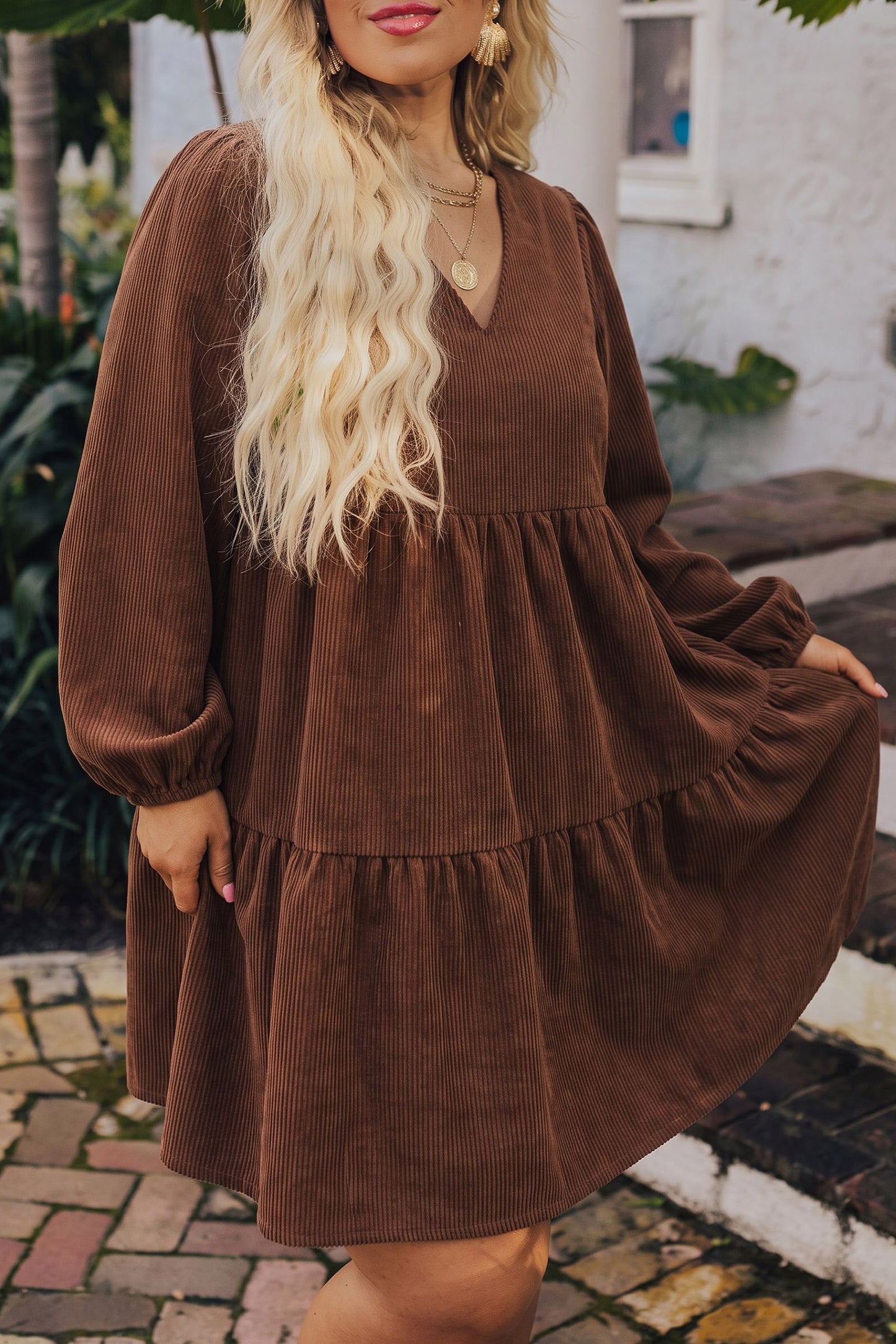 Coffee Winter Corduroy V Neck Long Sleeve Plus Size Mini Dress