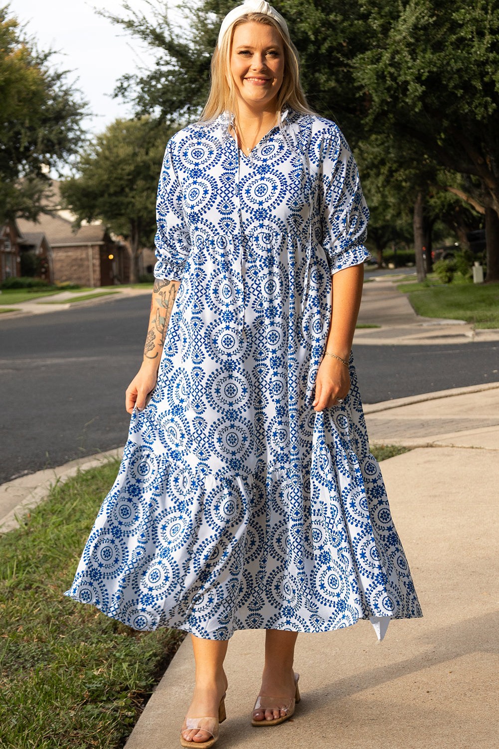 Blue Zone Planet | Sky Blue Geometric Print Lace-up Notch Neck Plus Size Maxi Dress-TOPS / DRESSES-[Adult]-[Female]-2022 Online Blue Zone Planet