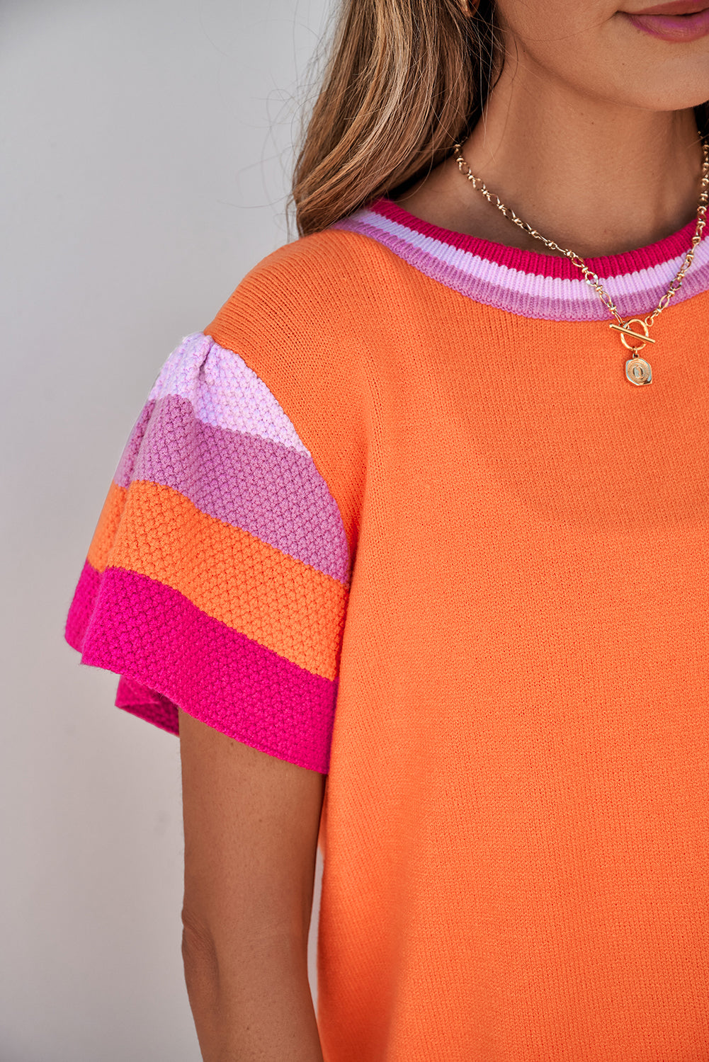 Carrot Contrast Flutter Sleeves Knitted Sweater T Shirt-Tops/Short Sleeve Sweaters-[Adult]-[Female]-2022 Online Blue Zone Planet