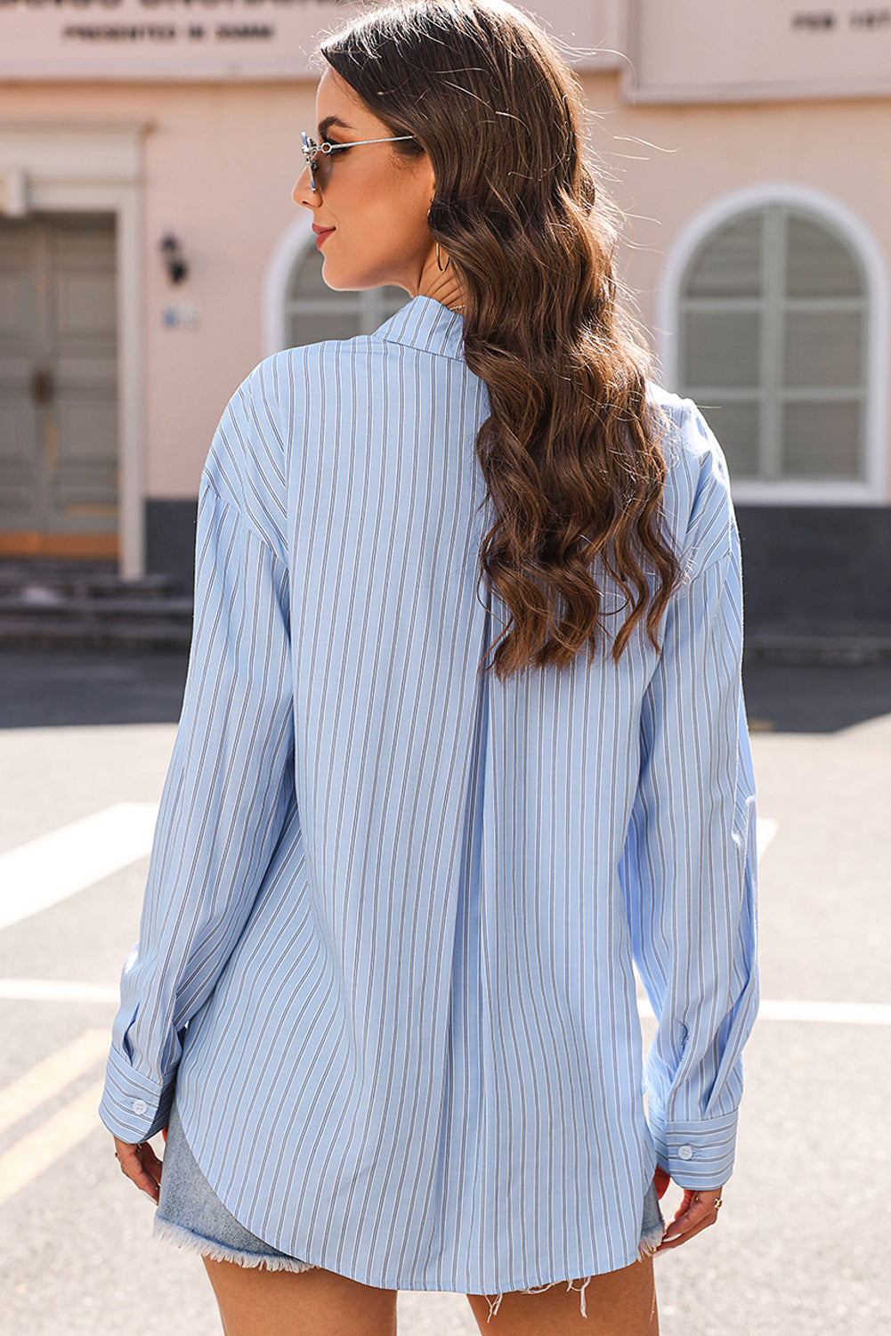 Sky Blue Stripe Button Up Oversized Casual Shirt-Tops/Blouses & Shirts-[Adult]-[Female]-2022 Online Blue Zone Planet
