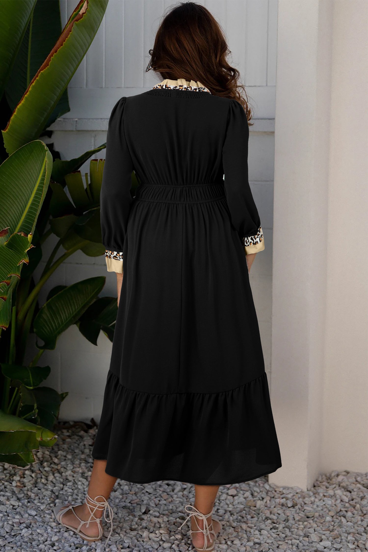 Black Contrast Leopard Frilled Trim V Neck Bracelet Sleeve Midi Dress-TOPS / DRESSES-[Adult]-[Female]-2022 Online Blue Zone Planet