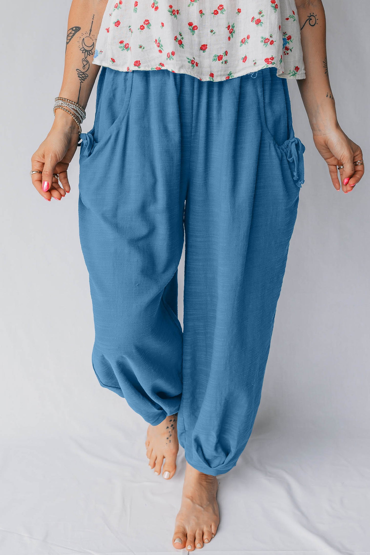 Prussian Blue Smocked Waist Casual Jogger Style Pants-Tops / Dresses-[Adult]-[Female]-2022 Online Blue Zone Planet