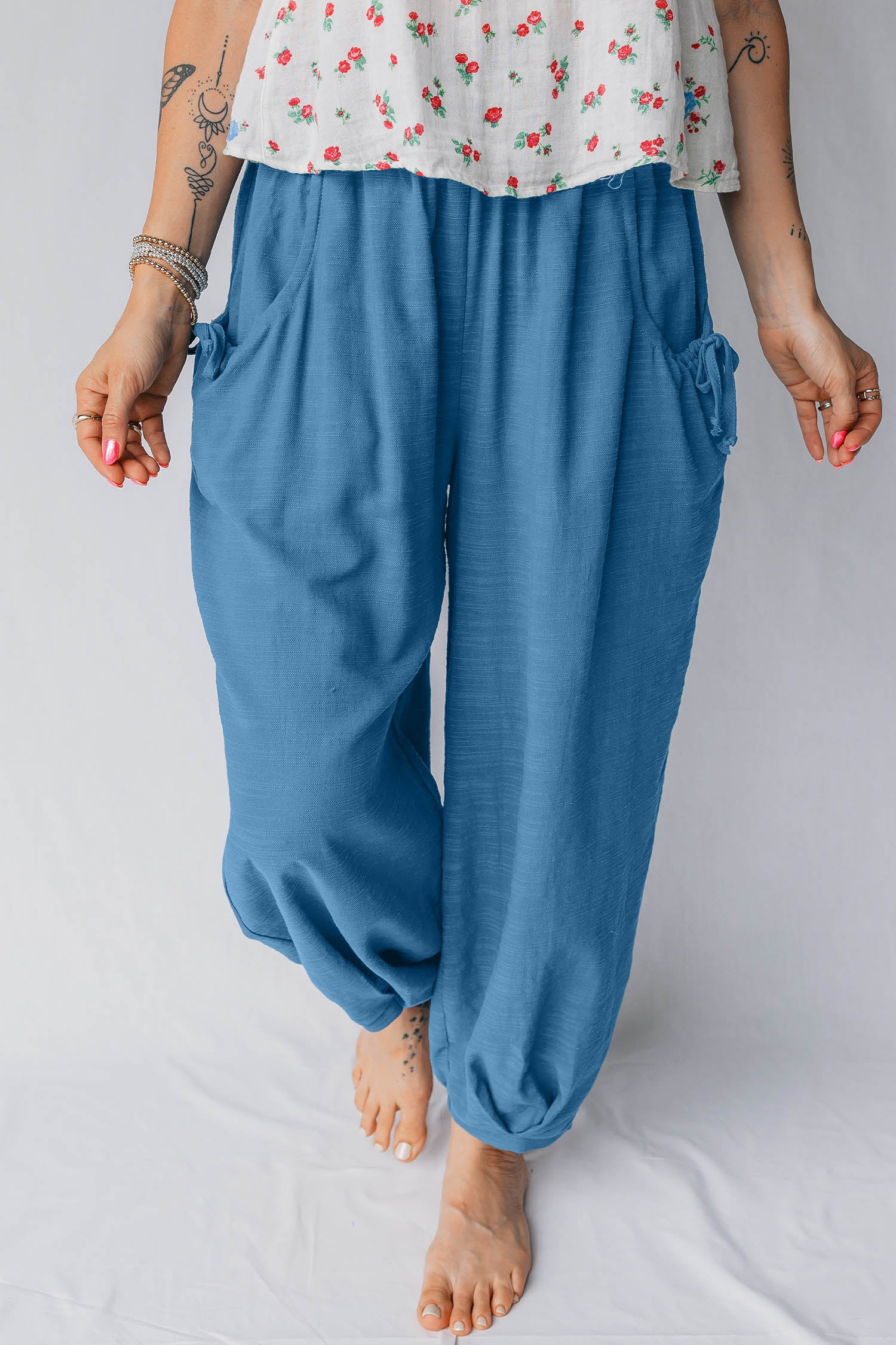 Prussian Blue Smocked Waist Casual Jogger Style Pants-Tops / Dresses-[Adult]-[Female]-2022 Online Blue Zone Planet