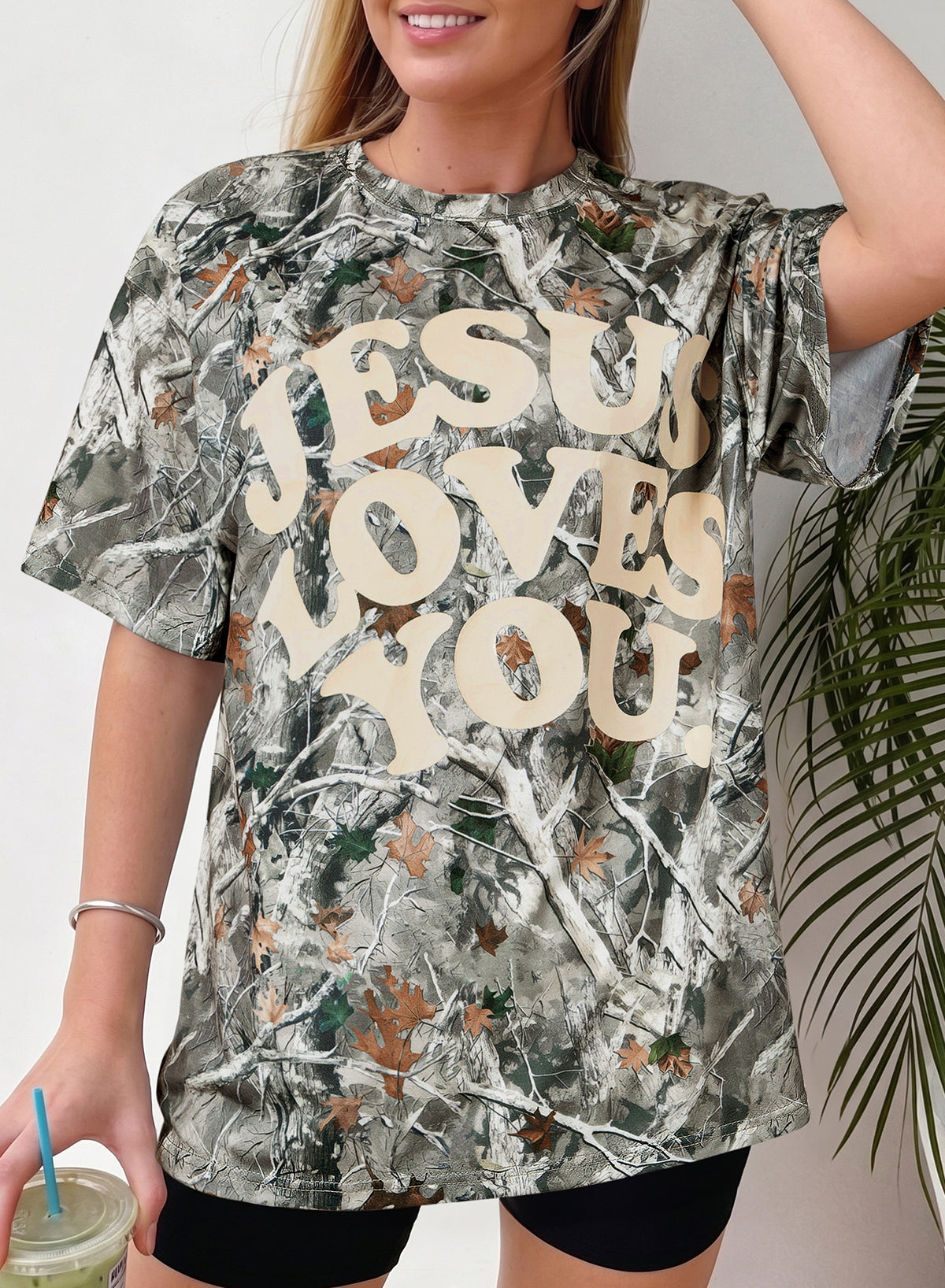Beige Camo Woodland Love Like Jesus Casual Tee-Tops/Tops & Tees-[Adult]-[Female]-2022 Online Blue Zone Planet