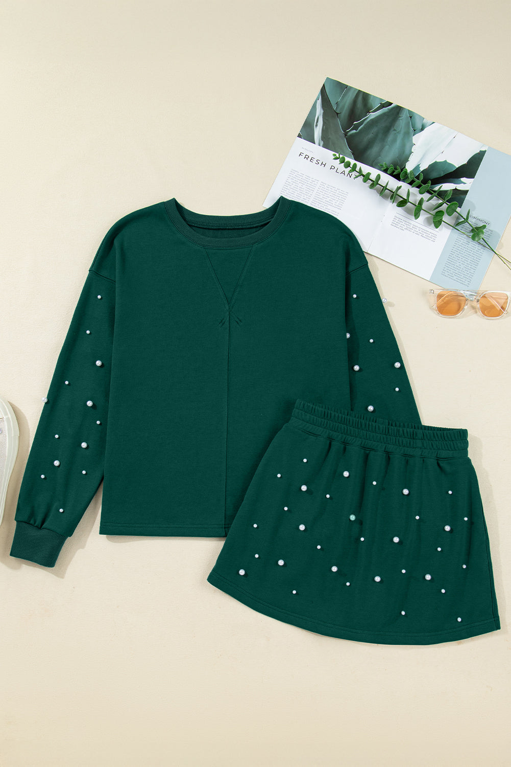 Dark Green Pearl Embellished Drop Shoulder Pullover Elastic Waist Mini Skirt Set-Two Piece Sets/Two Piece Dresses-[Adult]-[Female]-2022 Online Blue Zone Planet