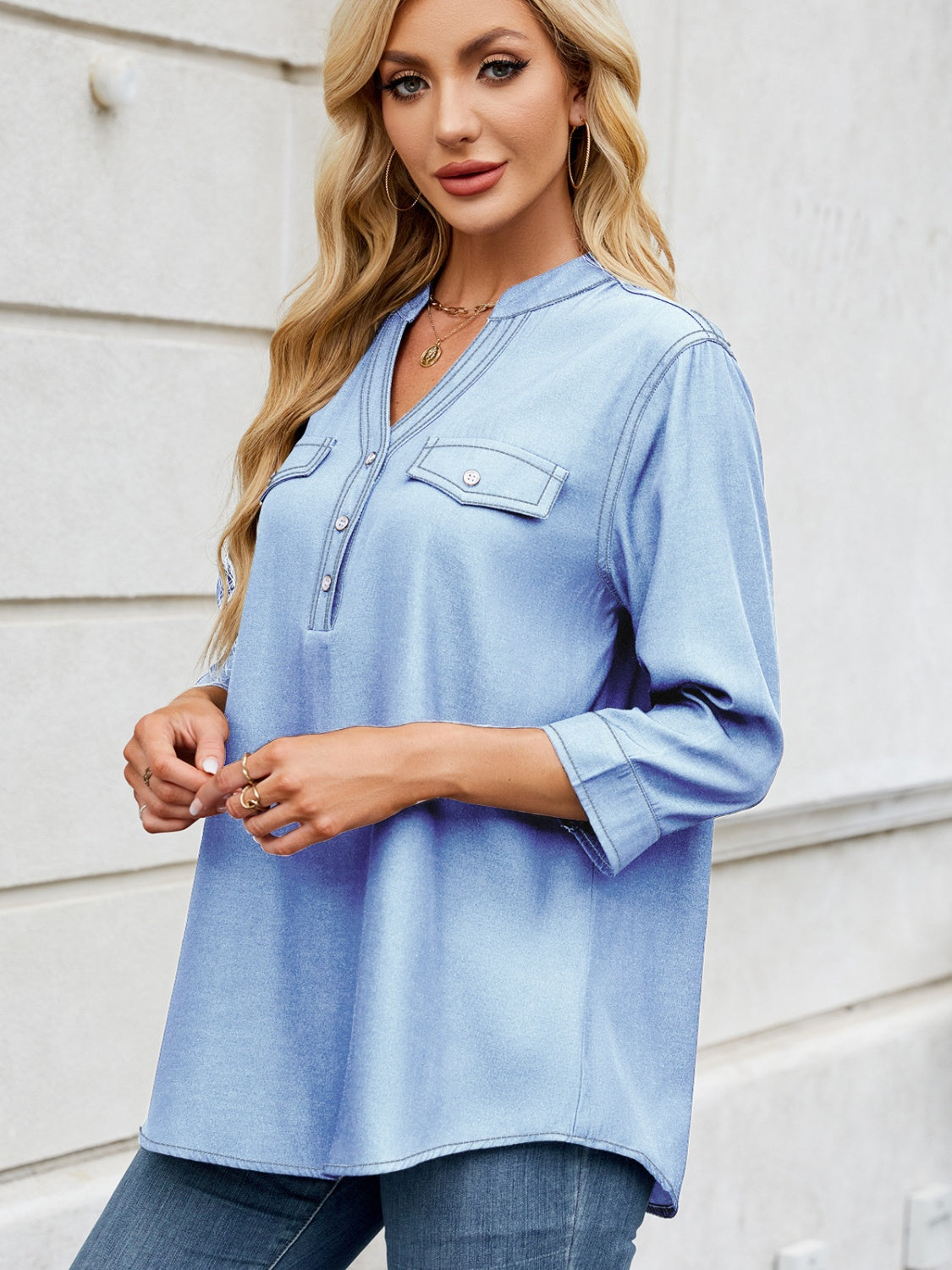 Notched Three-Quarter Sleeve Denim Top-TOPS / DRESSES-[Adult]-[Female]-Light Blue-S-2022 Online Blue Zone Planet