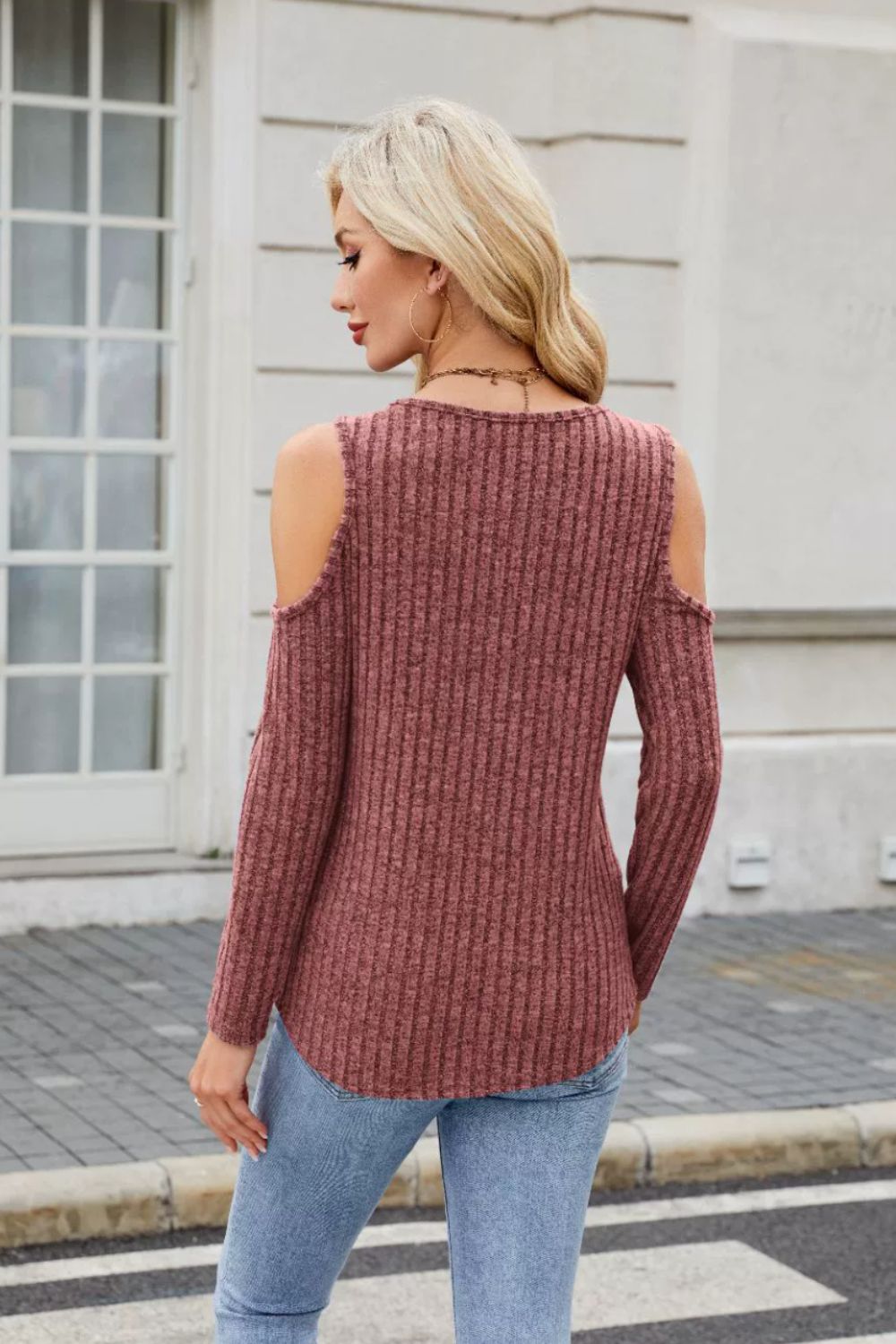Ribbed Cold Shoulder Long Sleeve Top-TOPS / DRESSES-[Adult]-[Female]-2022 Online Blue Zone Planet
