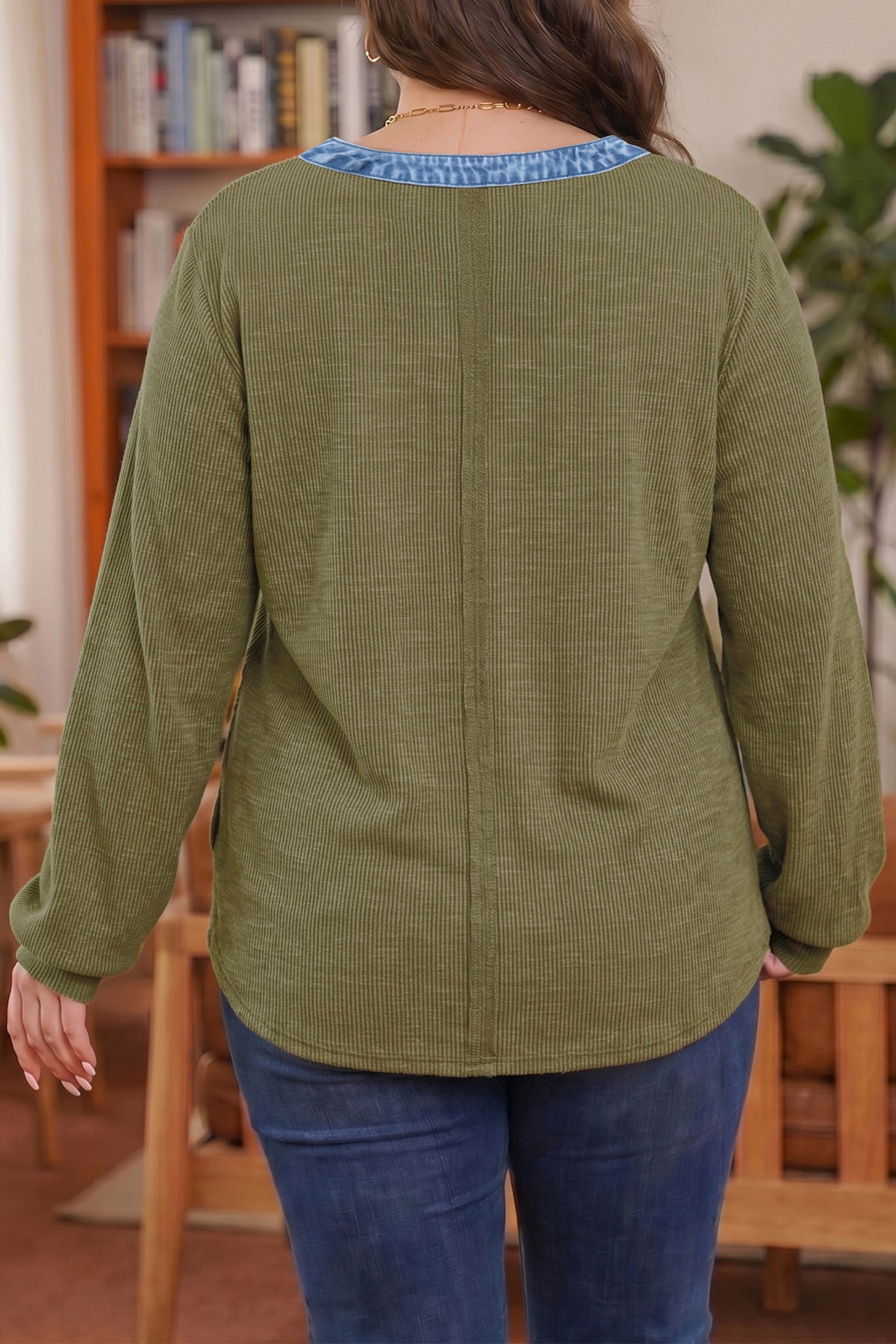 Four Leaf Clover Ribbed Knit Denim Accents V Neck Long Sleeve Oversized Fit Plus Size Blouse