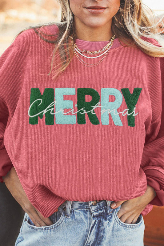 Strawberry Pink MERRY Christmas Chenille Embroidered Corded Sweatshirt-Graphic/Graphic Sweatshirts-[Adult]-[Female]-Strawberry Pink-S-2022 Online Blue Zone Planet