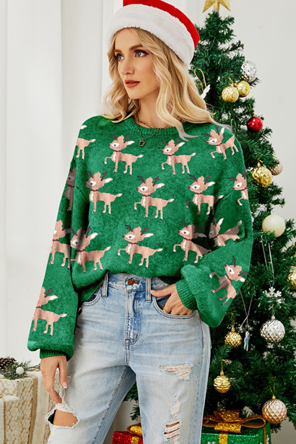 Reindeer Round Neck Drop Shoulder Sweater-TOPS / DRESSES-[Adult]-[Female]-2022 Online Blue Zone Planet