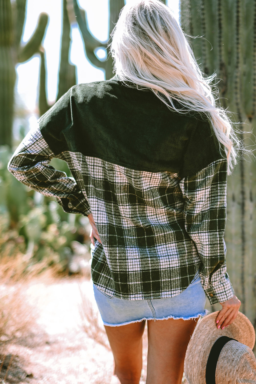 Blackish Green Snap Buttons Colorblock Plaid Shacket-Outerwear/Plaid Shackets-[Adult]-[Female]-2022 Online Blue Zone Planet