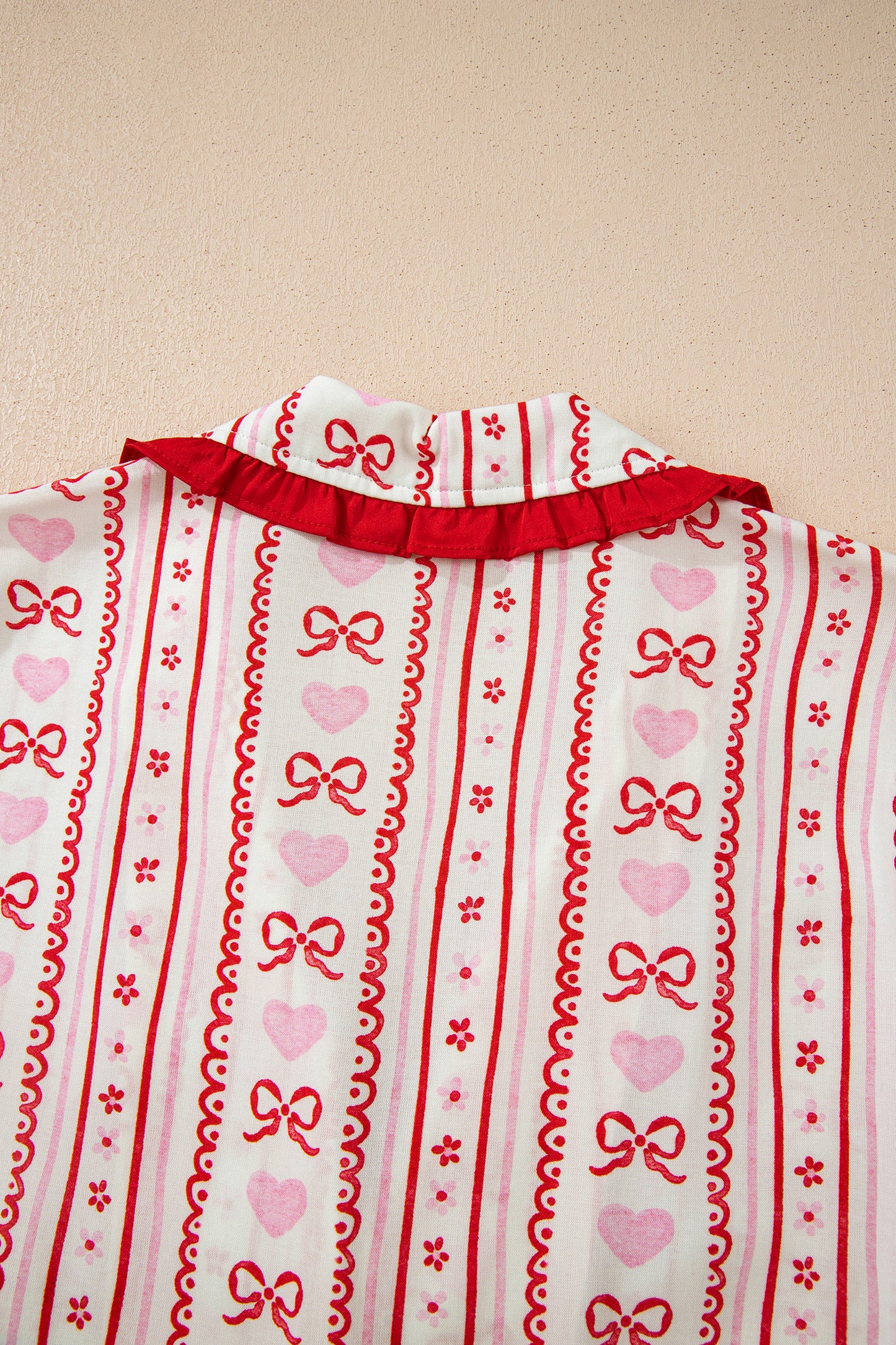 Red Sweet Floral Heart Bow Print Contrast Trim Long Sleeve Shirt Pajama Short Set-Loungewear & Sleepwear/Sleepwear-[Adult]-[Female]-2022 Online Blue Zone Planet