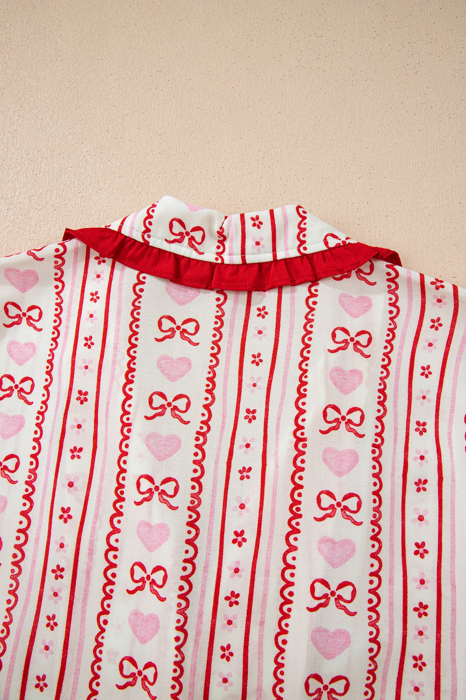 Red Sweet Floral Heart Bow Print Contrast Trim Long Sleeve Shirt Pajama Short Set-Loungewear & Sleepwear/Sleepwear-[Adult]-[Female]-2022 Online Blue Zone Planet