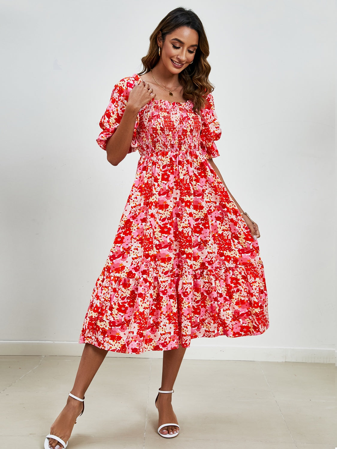 Smocked Floral Square Neck Short Sleeve Dress Orange-Red / L Smocked Floral Square Neck Short Sleeve Dress Orange-Red / L