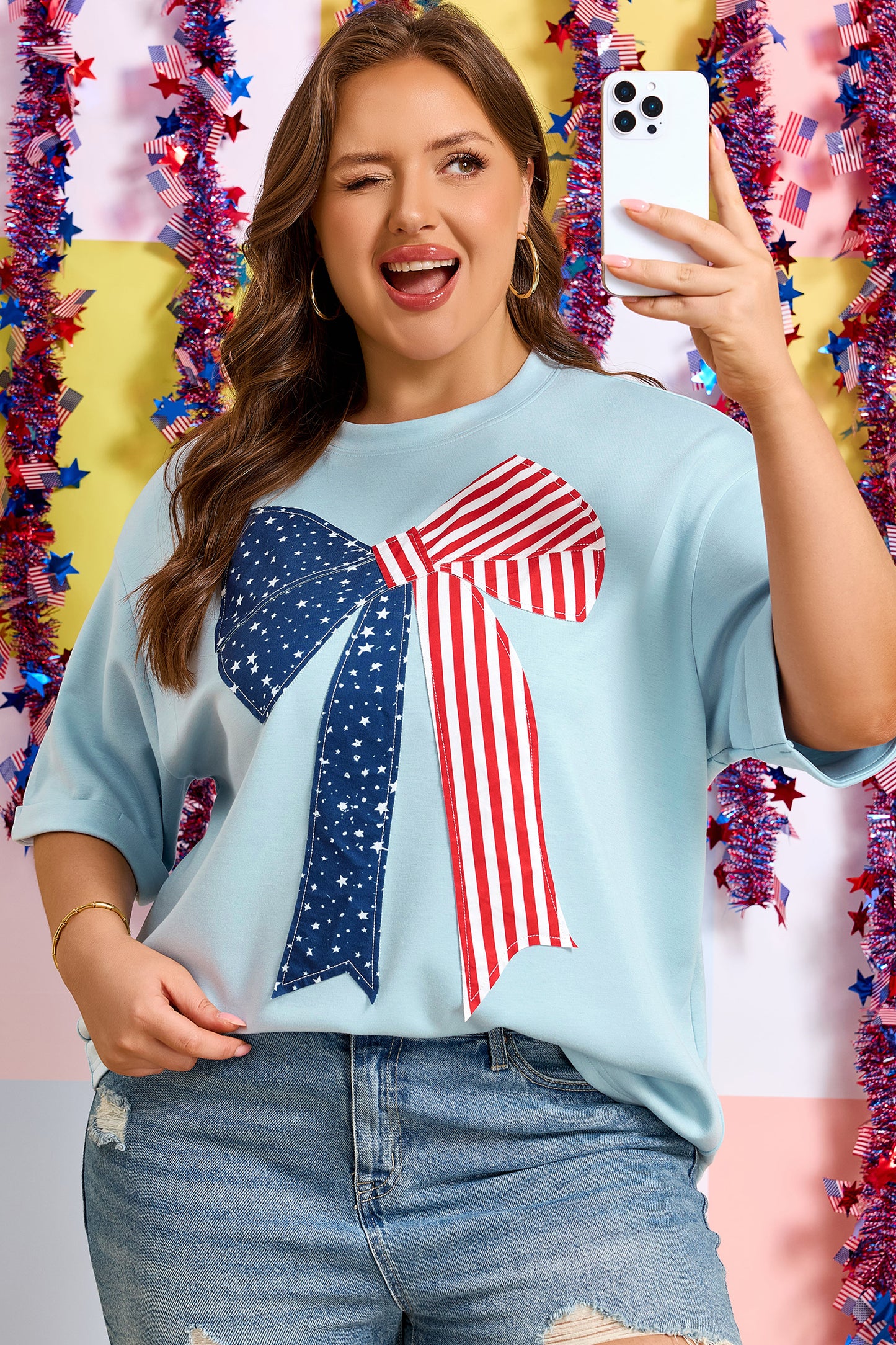 Beau Blue Plus Size Patriotic Bow Patchwork Graphic T-Shirt-Plus Size/Plus Size Tops/Plus Size Tops & Tees-[Adult]-[Female]-2022 Online Blue Zone Planet