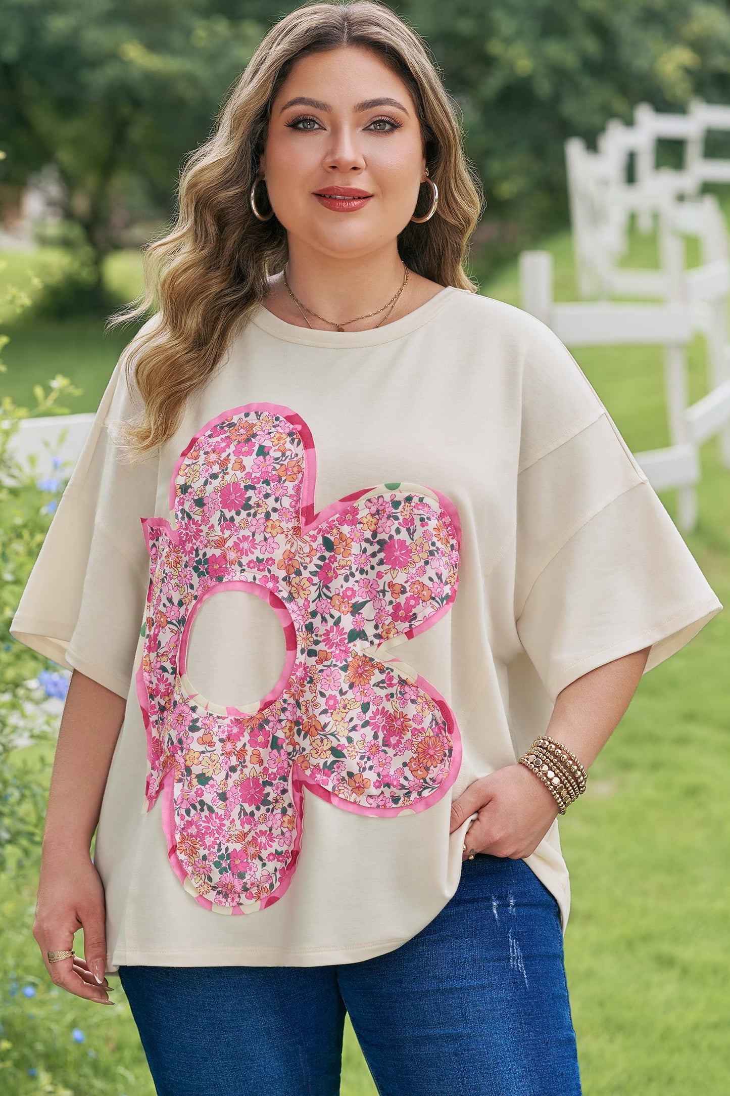 Jet Stream Big Flower Patched Plus Size Tunic T-Shirt-Plus Size/Plus Size Tops/Plus Size Tops & Tees-[Adult]-[Female]-2022 Online Blue Zone Planet