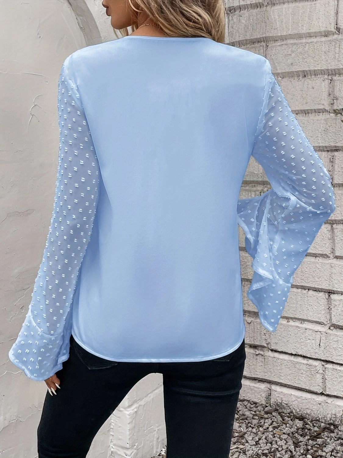 Swiss Dot V-Neck Flounce Sleeve Blouse-TOPS / DRESSES-[Adult]-[Female]-2022 Online Blue Zone Planet