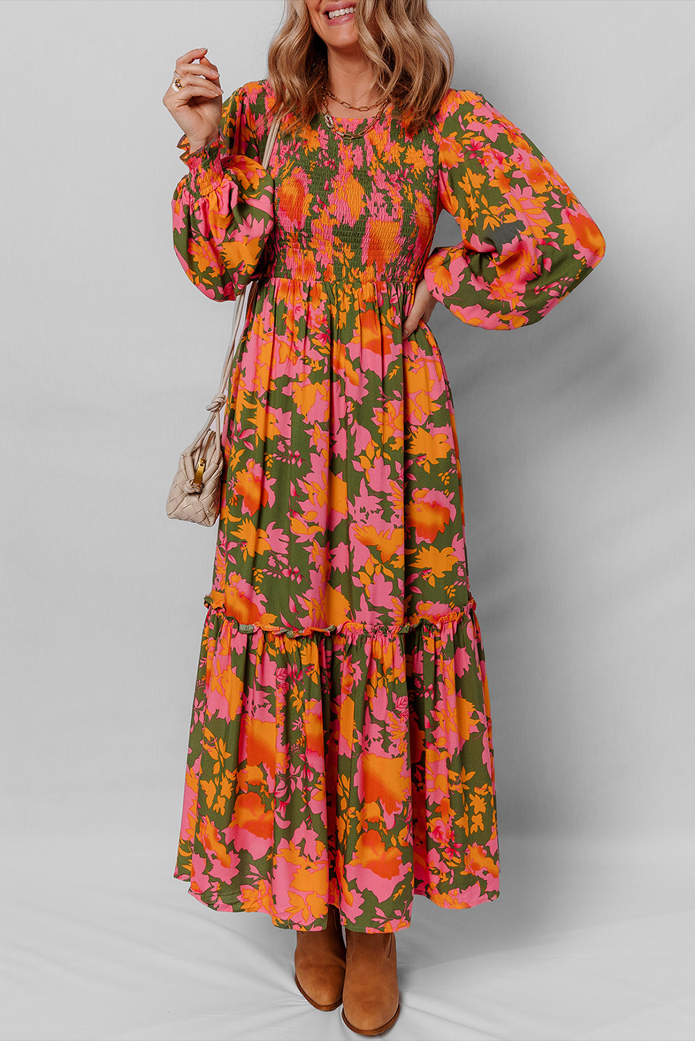 Orange Floral Puff Sleeve Smocked Bodice Ruffled Long Dress-TOPS / DRESSES-[Adult]-[Female]-2022 Online Blue Zone Planet